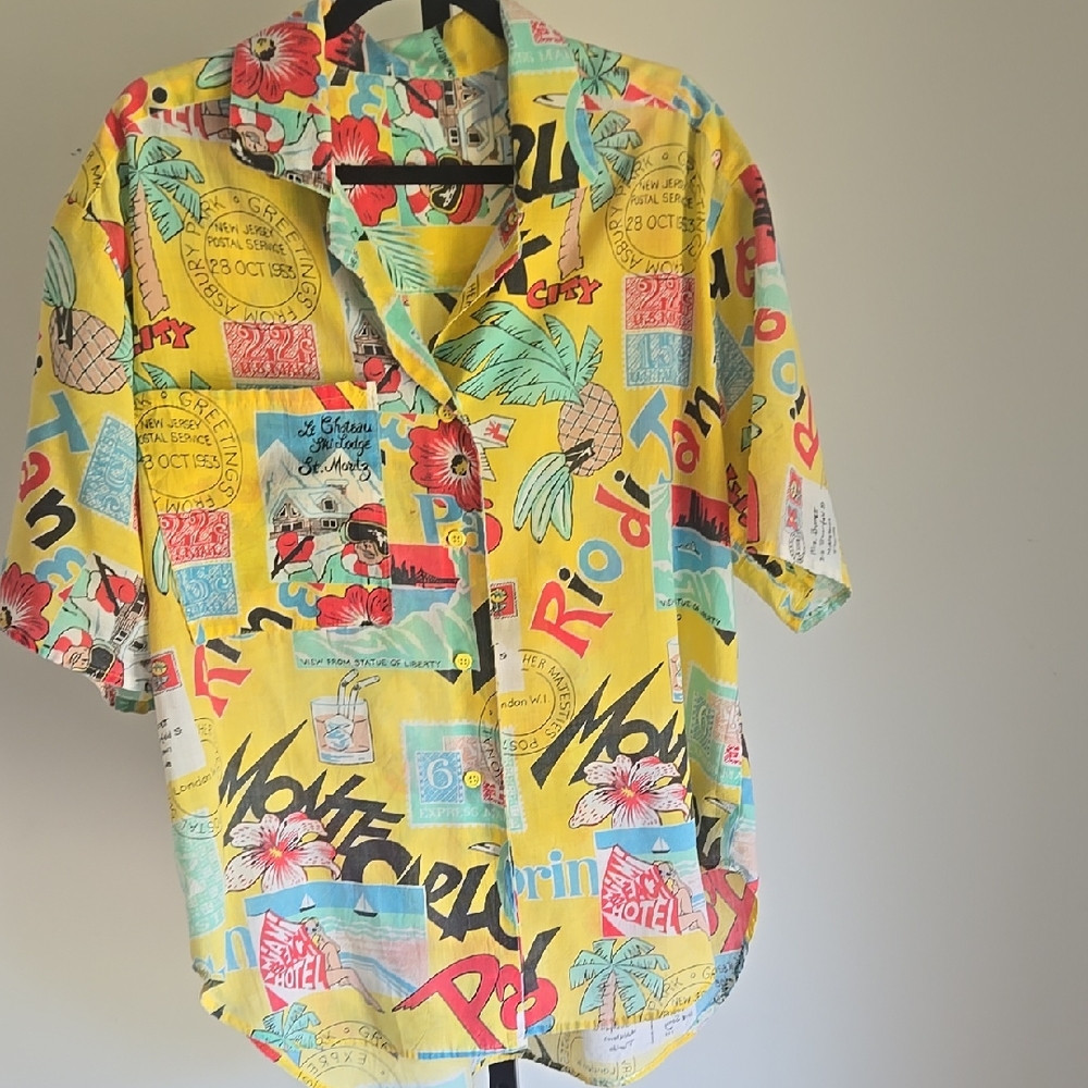 Vintage Vacation Handmade Yellow Tropical Print Short-Sleeve Shirt Size: